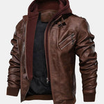 Detachable Hooded Zip Up PU Leather Jacket