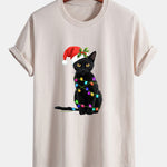 Regular Fit Christmas Lights Cat Print Cotton T-Shirt