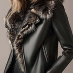 Women's Vintage Fur Collar And Lined Zipper Leather Jacket
