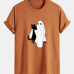 Regular Fit Ghost Black Cat Print Cotton T-Shirt