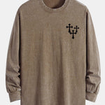 Cross Print Relax Fit Long Sleeve Washed Distressed T-Shirt