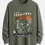 Halloween Dancing Skeleton Print Relax Fit Long Sleeve Washed Distressed T-Shirt