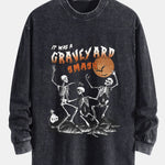 Halloween Dancing Skeleton Print Relax Fit Long Sleeve Washed Distressed T-Shirt