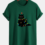 Regular Fit Colorful Light Black Cat Print Cotton T-Shirt
