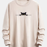 Long Sleeve Black Cat Print Cotton Arc Hem T-Shirt