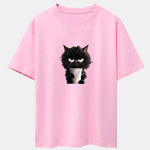 Black Cat Drinking Coffee Print Drop Shoulder Oversize T-Shirt