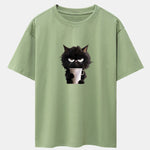 Black Cat Drinking Coffee Print Drop Shoulder Oversize T-Shirt
