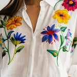 White Embroidered Cotton and Linen Long Sleeve Blouse
