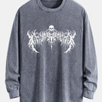 Gothic Skull Print Relax Fit Long Sleeve Washed Distressed T-Shirt