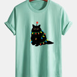 Regular Fit Colorful Light Black Cat Print Cotton T-Shirt