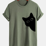 Regular Fit Black Cat Looking Out Print Cotton T-Shirt