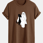 Regular Fit Ghost Black Cat Print Cotton T-Shirt