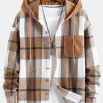 Relax Fit Corduroy Flannel Plaid Patchwork Hooded Shirt