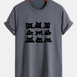 Regular Fit Black Cat Staring Print Cotton T-Shirt