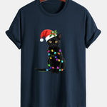 Regular Fit Christmas Lights Cat Print Cotton T-Shirt