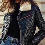 Women's Retro Contrasting Colors Quilted Leather Jacket