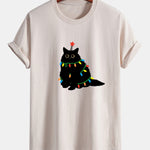 Regular Fit Colorful Light Black Cat Print Cotton T-Shirt