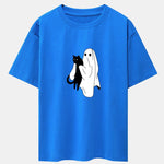 Ghost Black Cat Print Drop Shoulder Oversize T-Shirt