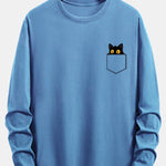 Long Sleeve Pocket Black Cat Print Cotton T-Shirt