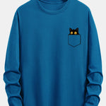 Long Sleeve Pocket Black Cat Print Cotton T-Shirt