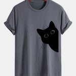Regular Fit Black Cat Looking Out Print Cotton T-Shirt