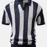 V Neck Striped Knit Polo Shirt