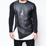 Men's Pu Leather Stitching Zip-up Round Neck Long-sleeved T-shirt