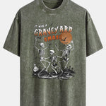 Halloween Dancing Skeleton Print Washed Distressed Drop Shoulder T-Shirt