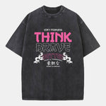 Japanese Think Brave Print Washed Distressed Drop Shoulder T-Shirt