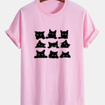 Regular Fit Black Cat Staring Print Cotton T-Shirt