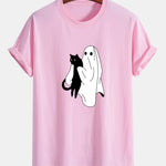 Regular Fit Ghost Black Cat Print Cotton T-Shirt