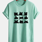 Regular Fit Black Cat Staring Print Cotton T-Shirt