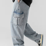 Elastic Waist Relax Fit Straight Leg Cargo Jeans