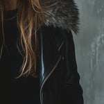 Women's Vintage Fur Collar Zipper Mid-Length Leather Coat