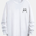 Long Sleeve Cat With Sunglasses Print Cotton Arc Hem T-Shirt