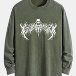Gothic Skull Print Relax Fit Long Sleeve Washed Distressed T-Shirt