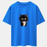 Black Cat Drinking Coffee Print Drop Shoulder Oversize T-Shirt