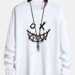 Long Sleeve Scary Face Print Cotton T-Shirt
