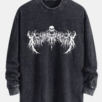 Gothic Skull Print Relax Fit Long Sleeve Washed Distressed T-Shirt