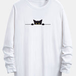 Long Sleeve Black Cat Print Cotton Arc Hem T-Shirt