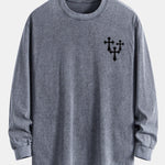Cross Print Relax Fit Long Sleeve Washed Distressed T-Shirt