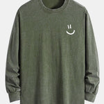 Smiley Face Print Relax Fit Long Sleeve Washed Distressed T-Shirt