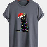 Regular Fit Christmas Lights Cat Print Cotton T-Shirt
