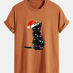 Regular Fit Christmas Lights Cat Print Cotton T-Shirt