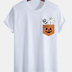 Regular Fit Pocket Pumpkin Ghost Print Cotton T-Shirt