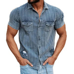 Men's Vintage Stripe Ripped Short Sleeve Denim Shirt