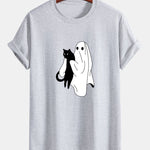 Regular Fit Ghost Black Cat Print Cotton T-Shirt