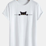 Black Cat Print Cotton Arc Hem T-Shirt