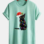 Regular Fit Christmas Lights Cat Print Cotton T-Shirt
