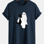 Regular Fit Ghost Black Cat Print Cotton T-Shirt